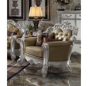 Vendome Gold and Silver Patina Upholstered Accent Chair with Pillows and Nailhead Trim