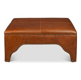 Streetman Havana Brown Leather Upholstered Square Cocktail Ottoman with Nailhead Trim