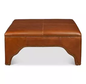 Streetman Havana Brown Leather Upholstered Square Cocktail Ottoman with Nailhead Trim