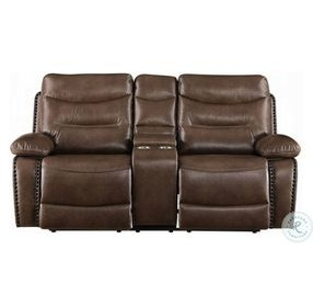 Aashi Brown Leather 78" Reclining Loveseat with Console