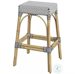 Tobias White And Navy Blue Dot Rattan Bar Stool