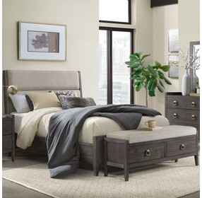 Portia Brushed Brindle and Beige Queen Upholstered Panel Bedroom Set with Storage Bench