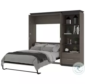 Orion Bark Gray And Graphite 88" Full Murphy Bed And Shelving Unit With Drawers