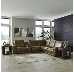 Weston Venetian Honey Leather 6 Piece Modular Dual Power Zero Wall Reclining Sectional with LED and USB Charging