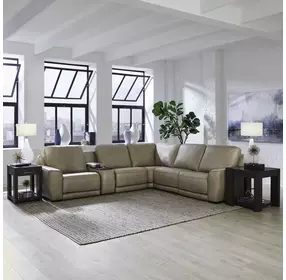 Weston Sophia Oatmeal Leather 6 Piece Modular Dual Power Zero Wall Reclining Sectional with LED and USB Charging