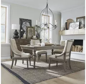 Americana Farmhouse Dusty Taupe and Brown Upholstered 5 Piece Extendable Dining Set with Nailhead Trim