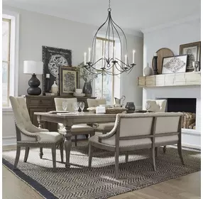 Americana Farmhouse Dusty Taupe and Brown Upholstered 6 Piece Extendable Dining Set with Nailhead Trim