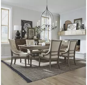 Farmstead Living Dusty Taupe and Brown Upholstered 7 Piece Extendable Dining Set with Nailhead Trim