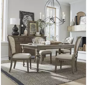 Americana Farmhouse Dusty Taupe and Brown Upholstered 5 Piece Extendable Leg Base Dining Set with Nailhead Trim