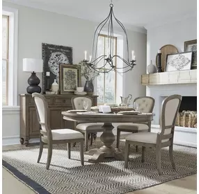 Americana Farmhouse Dusty Taupe and Brown 5 Piece Dining Set with Nailhead Trim