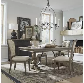 Americana Farmhouse Dusty Taupe and Brown Upholstered 5 Piece Extendable Rectangular Dining Set with Nailhead Trim