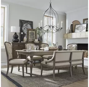 Americana Farmhouse Dusty Taupe and Brown Upholstered 6 Piece Extendable Leg Base Dining Set with Nailhead Trim