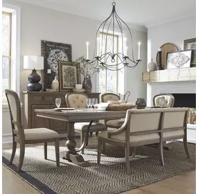 Americana Farmhouse Dusty Taupe and Brown Upholstered 6 Piece Extendable Rectangular Dining Set with Nailhead Trim