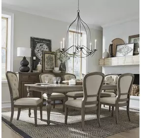 Farmstead Living Dusty Taupe and Brown Upholstered 7 Piece Extendable Rectangular Leg Dining Set with Nailhead Trim