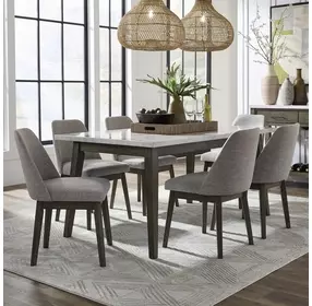 Edison Brownstone and Gray Wash Upholstered 7 Piece Faux White Marble Top Dining Set