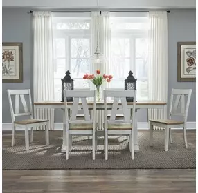 Harvest Fields Weathered White and Sandstone 7 Piece Extendable Trestle Base Dining Set