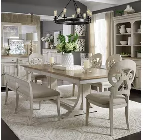 Farmhouse Reimagined Antique White and Chestnut Upholstered 6 Piece Extendable Trestle Base Dining Set