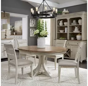 Farmhouse Reimagined Antique White and Chestnut 5 Piece Extendable Pedestal Base Dining Set