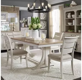 Farmhouse Reimagined Antique White and Chestnut 5 Piece Extendable Trestle Base Dining Set