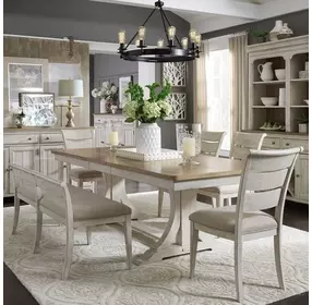 Renewed Farmhouse Antique White and Chestnut 6 Piece Extendable Trestle Base Dining Set