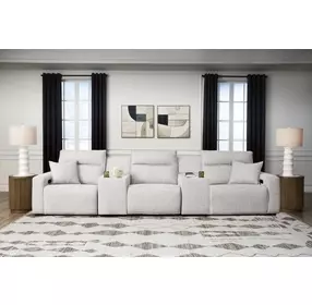 Modmax II Stone Performance Fabric 5 Piece Modular Power Reclining Sectional with Consoles and USB Charging