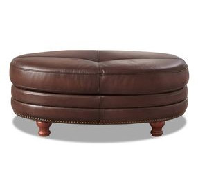 Bexley Caramel Leather Upholstered Oval Ottoman with Nailhead Trim