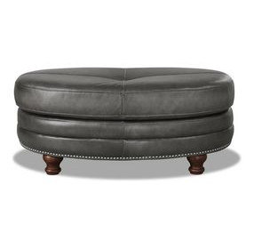 Bexley Ash Leather Upholstered Oval Ottoman with Nailhead Trim