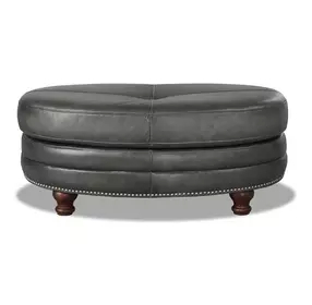 Bexley Ash Leather Upholstered Oval Ottoman with Nailhead Trim