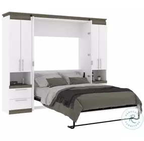 Orion White And Walnut Grey 98" Full Murphy Bed And 2 Storage Cabinets With Pull Out Shelves