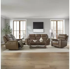 Collins York Chestnut Leather Zero Gravity Triple Power Reclining Living Room Set