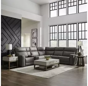 Camden Aline Light Gray Leather 6 Piece Modular Triple Power Zero Wall Reclining Sectional with Console and USB Charging