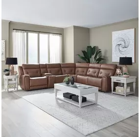 Kingswell Aline Saddle Leather 6 Piece Modular Power Reclining Sectional with USB Charging