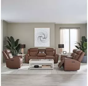 Kingswell Aline Saddle Leather 91" Zero Gravity Power Reclining Living Room Set with USB Charging