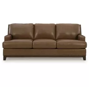 Gambellara Amber Leather 90" Sofa with Nailhead Trim