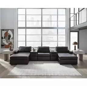 ModMax II Black Leather 5 Piece Double Chaise Sectional with Audio Consoles