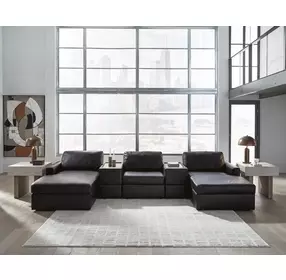 ModMax II Black Leather 5 Piece Double Chaise Sectional with Storage Consoles