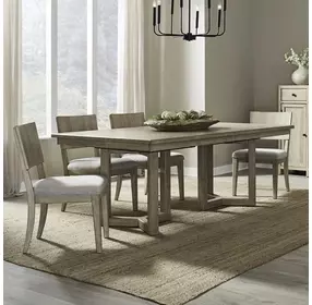 Proximity Place Barley Buff and Beige Upholstered 5 Piece Extendable Double Pedestal Base Dining Set