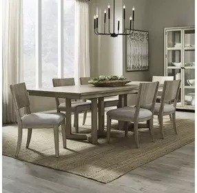 Proximity Place Barley Buff and Beige Upholstered 7 Piece Extendable Double Pedestal Dining Set