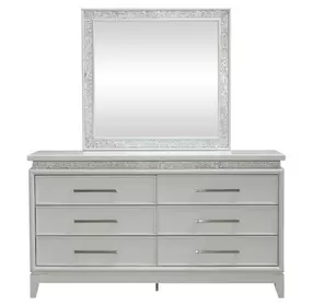 Reflections Pearl White and Rhinestone 6 Drawer Dresser with LED in Mirror