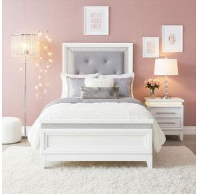 Reflections Pearl White and Gray Full Upholstered Panel Bed with LED