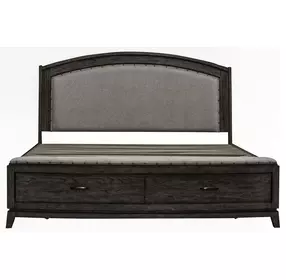 Avalon Coffee Bean and Oatmeal King Upholstered Storage Panel Bed with Nailhead Trim