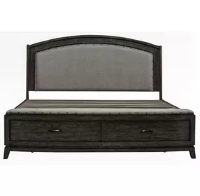 Avalon Coffee Bean and Oatmeal Queen Upholstered Storage Panel Bed with Nailhead Trim