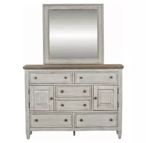 Homestead Antique White and Tobacco 6 Drawer Dresser with Mirror