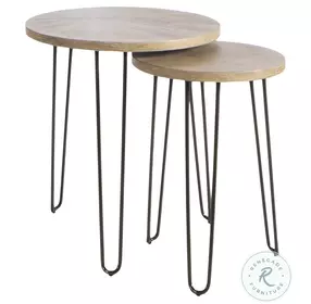 Oblique Wire Brushed Natural Cerused Elm Round Nesting End Tables