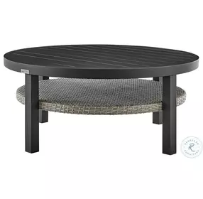 Aileen Black Outdoor Patio Round Coffee Table With Gray Wicker Shelf