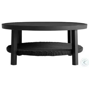 Grand Black Outdoor Round Conversation Table With Wicker Shelf