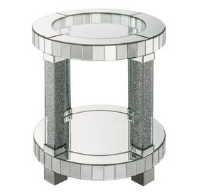 Noralie Silver and Gray Round Glass Top End Table with Storage
