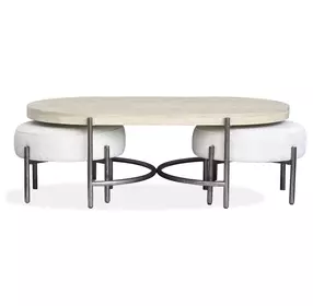 Jennings Edgecomb Gray and Weathered Antique Nickel Oval Cocktail Table with 2 Ottomans