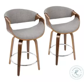 Curvini Walnut Wood And Light Grey Fabric Swivel 24'' Counter Height Stool Set Of 2