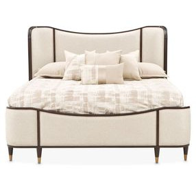 Camellia Field Warm Pecan and Linen Queen Upholstered Panel Bed with USB Charging
